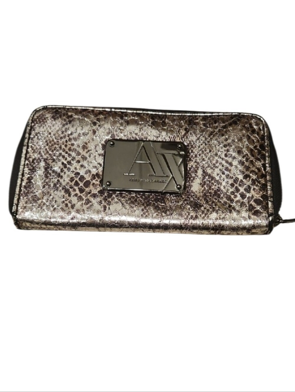 A|X Armani Exchange Metallic Snake-Embossed Zip Wallet - Silver/Brown